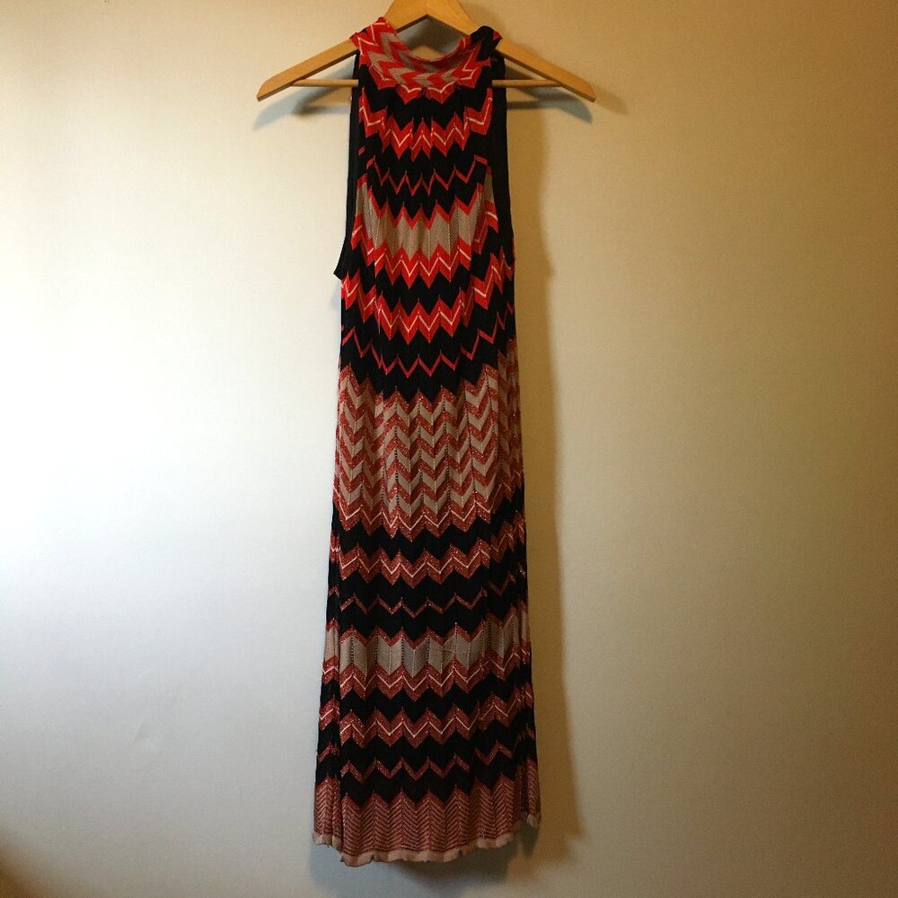 Hale Bob Metallic Zigzag Accordion Pleated Halter Dress Medium Resort M
